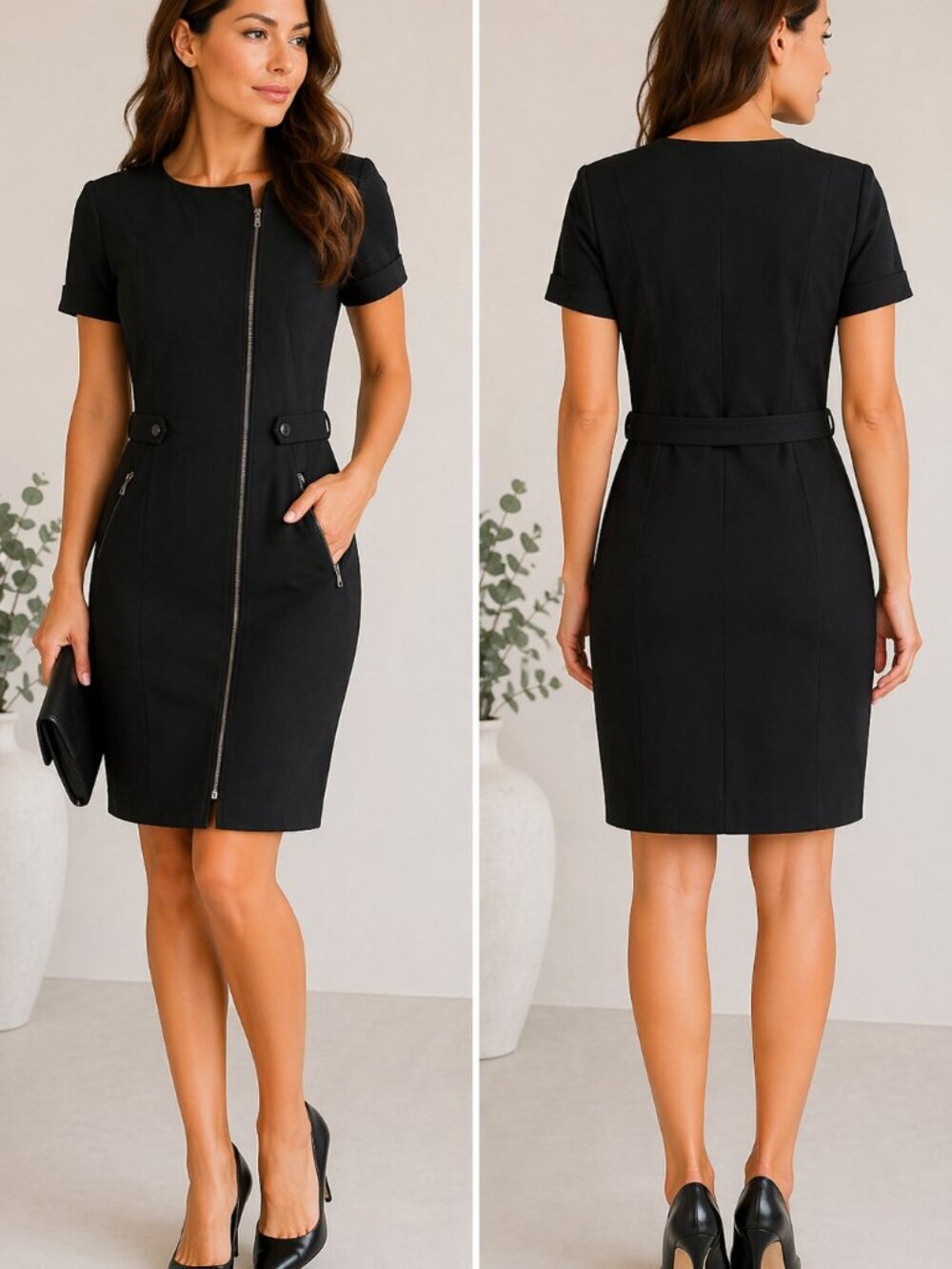 Worth Black Zip Front Sheath Dress Stretch Tailored Pocket Dress Size 4